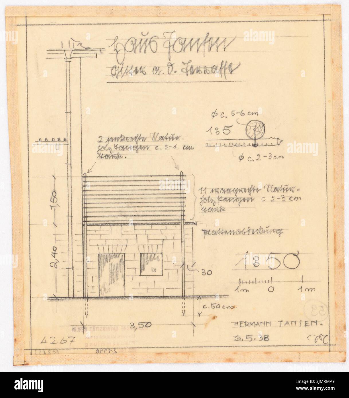 Jansen Hermann (1869-1945), Haus Jansen in Berlin-Grunewald (06.05.1938): Riss SW Seite 1:50, Detail 1,5. Bleistift auf Transparent, 23,7 x 22,2 cm (inklusive Scankanten) Jansen Hermann (1869-1945): Haus Jansen, Berlin-Grunewald Stockfoto