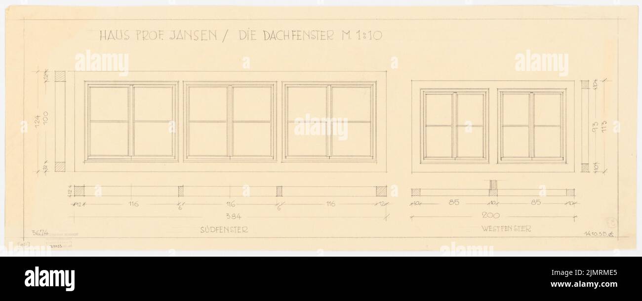 Jansen Hermann (1869-1945), Haus Jansen in Berlin-Grunewald (14.10.1935): Dachboden, Dachfenster an der Gartenfront: Grundriß, Schnitt, Außenfront 1:10. Bleistift auf Transparent, 31,6 x 78,7 cm (inklusive Scankanten) Jansen Hermann (1869-1945): Haus Jansen, Berlin-Grunewald Stockfoto