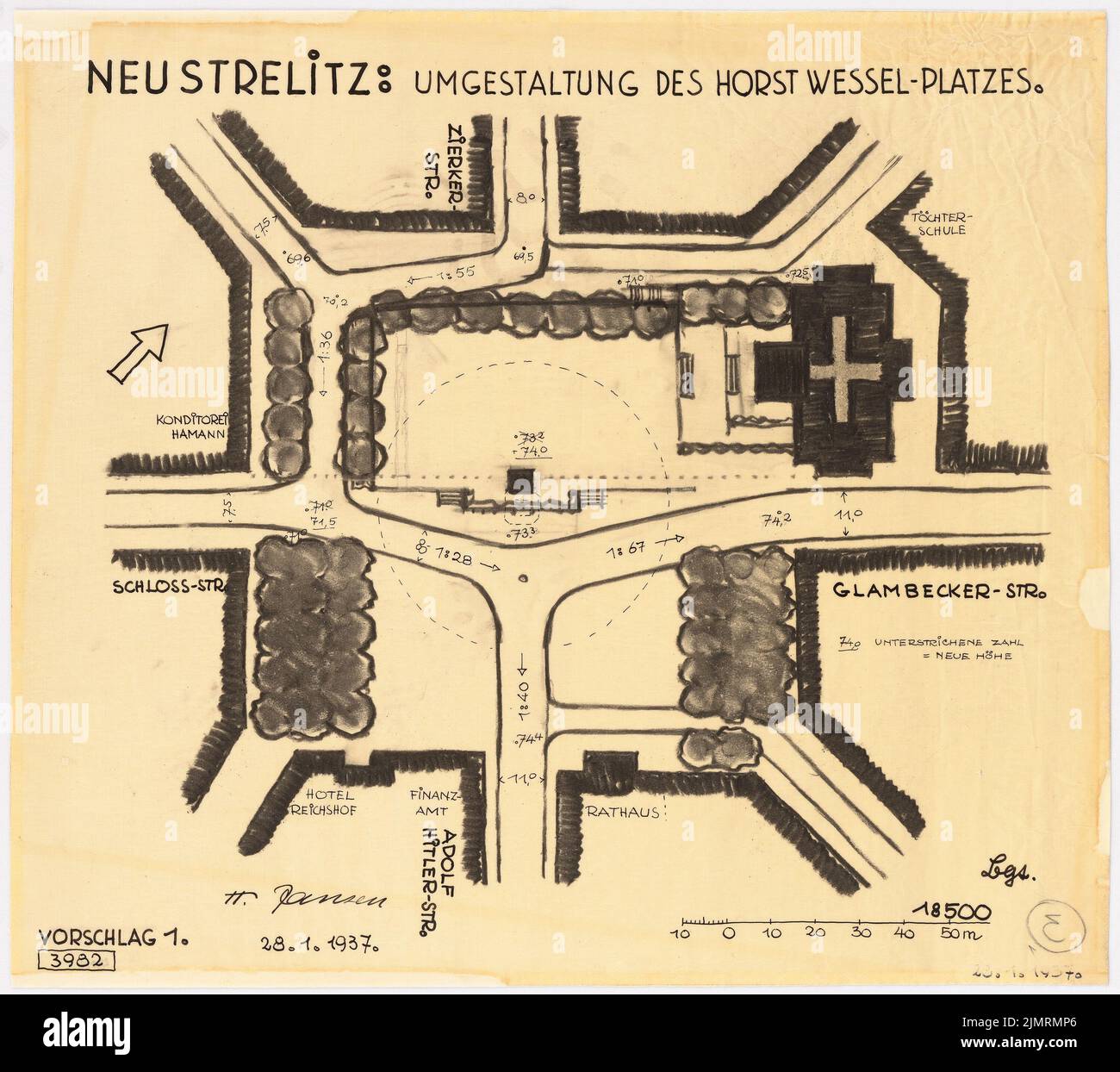 Jansen Hermann (1869-1945), Neugestaltung des Horst-Wessel-Platzes in Neustrelitz (28. Januar 1937): Abteilung 1: 500, Vorschlag 1. Kohle auf Transparent, 44,7 x 50,3 cm (inklusive Scan-Kanten) Jansen Hermann (1869-1945): Umgestaltung des Horst-Wessel-Platzes, Neustrelitz Stockfoto