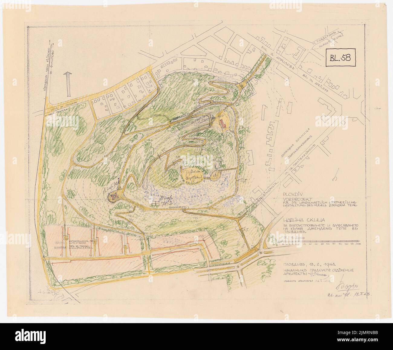 Jansen Hermann (1869-1945), Planung für Plowdiw (13.02.1943): Gartengestaltung des djendem TEPE-Hügels, Lageplan 1: 2000. Bleistift und Farbstift über Bruch, 54,7 x 66,5 cm (inklusive Scankanten) Jansen Hermann (1869-1945): Planung für Plowdiw Stockfoto