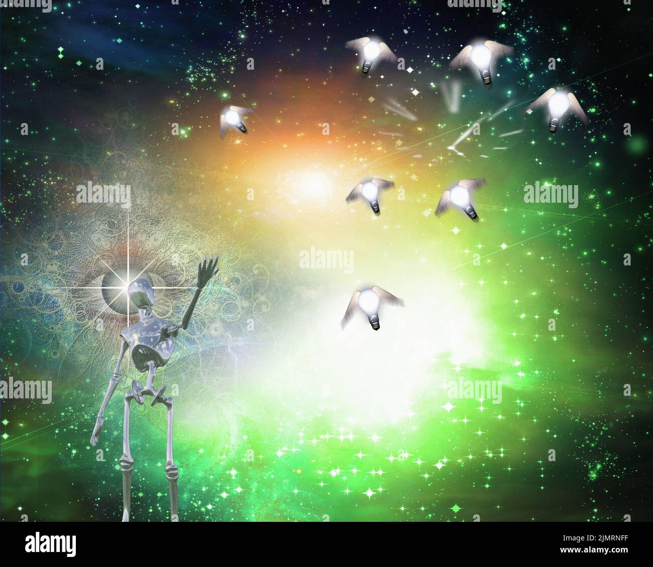 Alien bringt Ideen ins Universum. 3D Rendern Stockfoto