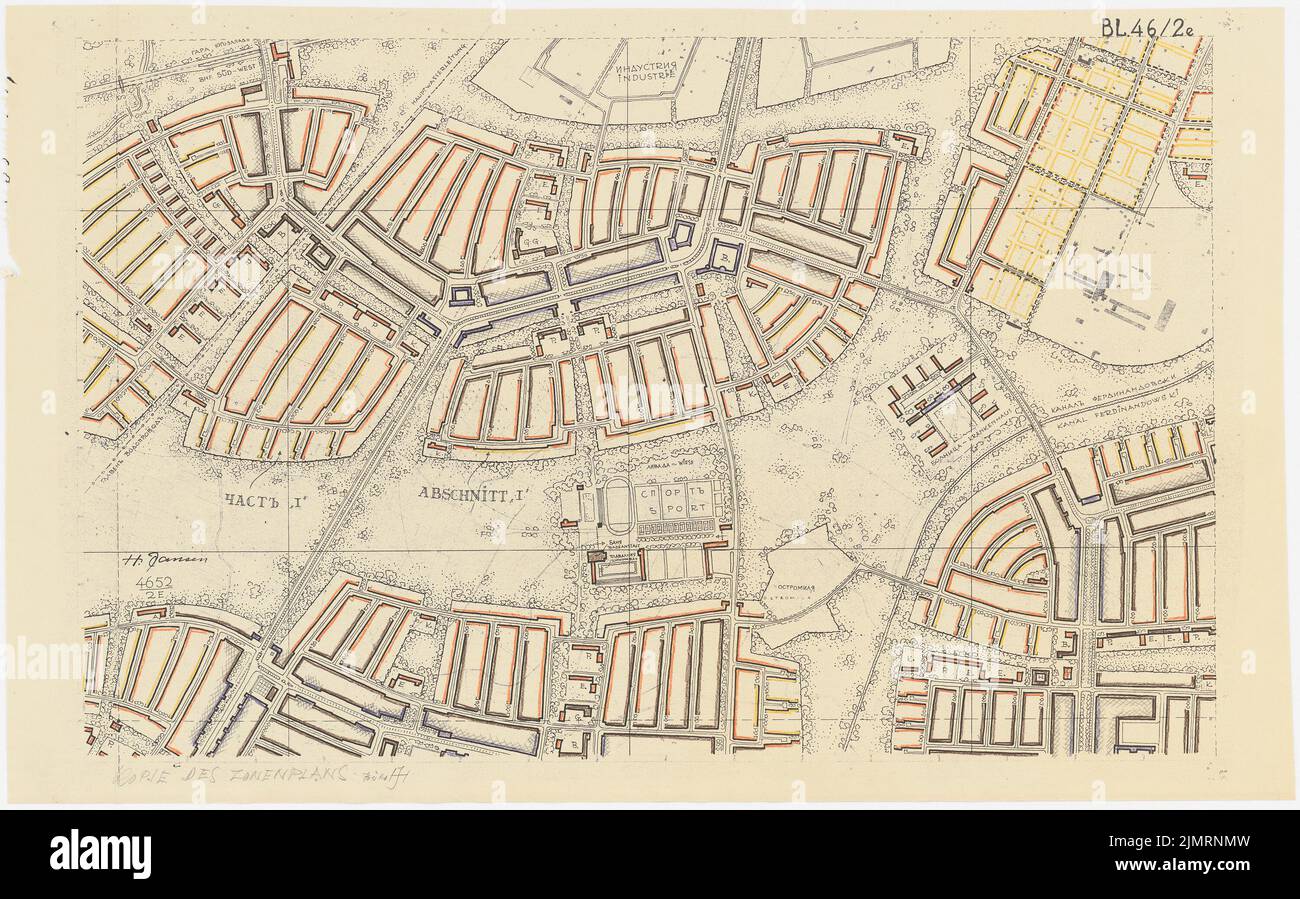 Jansen Hermann (1869-1945), Planung für Plowdiw (22. Januar 1944): Allgemeiner Entwicklungsplan, Teil f (2E) 1: 5000 (aus Inv.Nr. L 22353, S. Farbstift über einem Bruch auf Papier, 47,2 x 75,8 cm (inklusive Scankanten) Jansen Hermann (1869-1945): Planung für Plowdiw Stockfoto