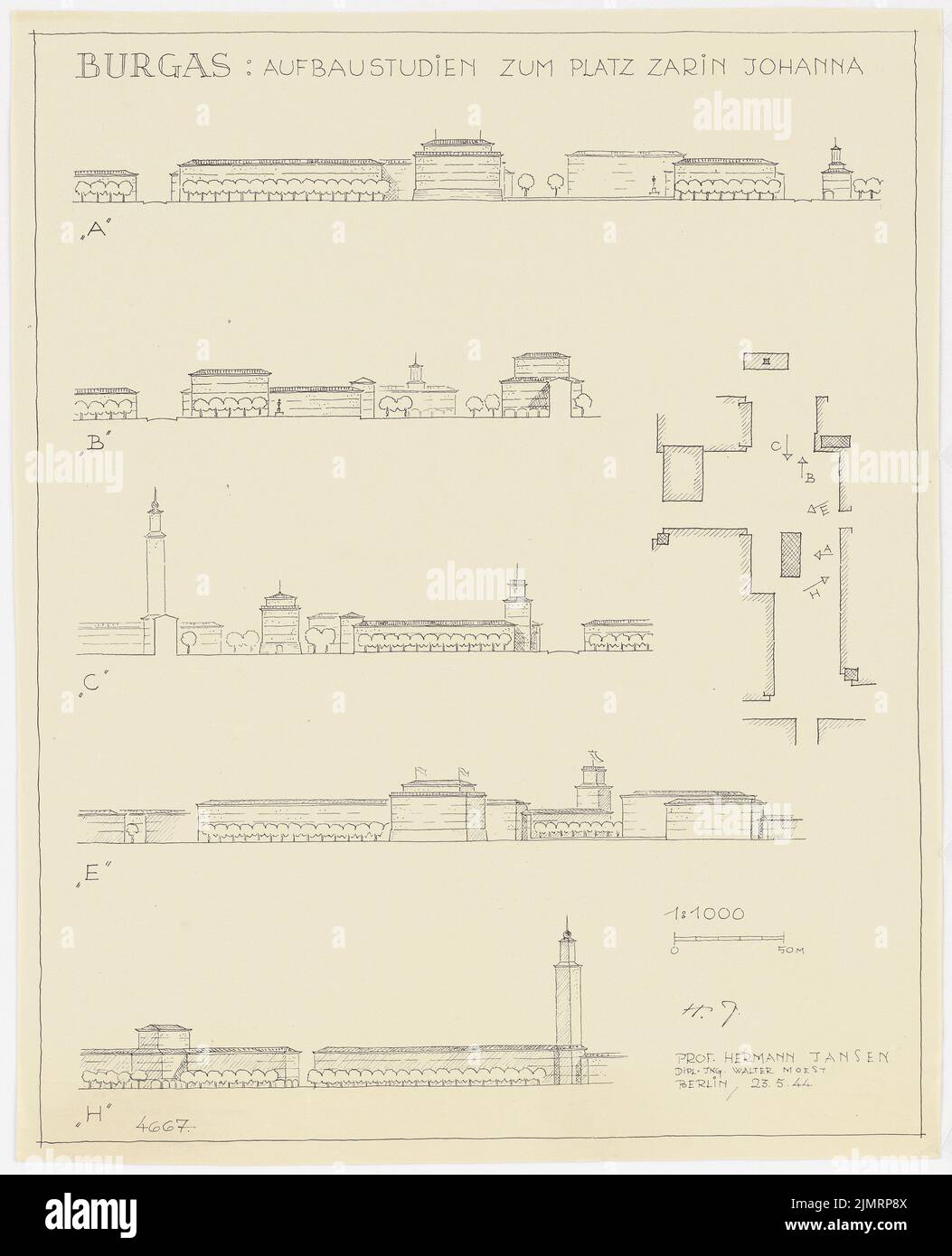 Jansen Hermann (1869-1945), Burgas Stadterweiterung (23. Mai 1944): Square Tsarin Johanna, Views 1: 1000. Leichter Bruch auf Papier, 53,5 x 43,3 cm (inklusive Scankanten) Jansen Hermann (1869-1945): Stadterweiterung Burgas Stockfoto