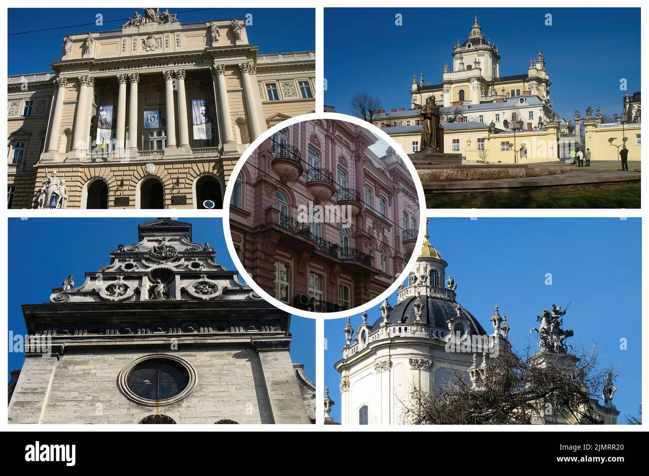 Die hübsche ukrainische Stadt Lviv mit ihren Kirchen und Palästen im kleinen historischen Zentrum, die auf eine suggestive und romantische Atmosphäre verweisen Stockfoto