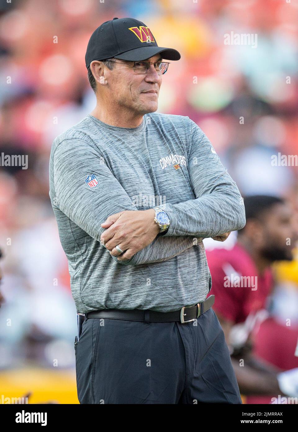 Washington Commanders head coach Ron Rivera, left, talks with Green Bay  Packers quarterback Aaron Rodgers (12) before an NFL football game, Sunday,  Oct. 23, 2022, in Landover, Md. (AP Photo/Patrick Semansky Stock