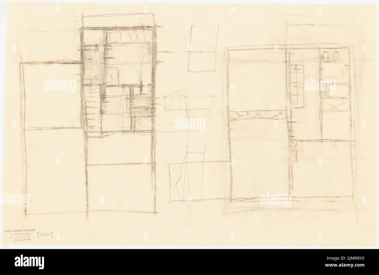 Jansen Hermann (1869-1945), Gesamtentwicklungsplan Ankara. Ankara Cooperifi. Haustypen (1936-1936): Typ A1, Vorstufe, Einfamilienhaus 6 Zimmer, Grundriß Erdgeschoss und Obergeschoss 1:50. Bleistift, Kohle auf transparent, 39,3 x 59,7 cm (inklusive Scankanten) Jansen Hermann (1869-1945): Gesamtbauungsplan Ankara. Ankara Kooperatifi. Haustypen Stockfoto