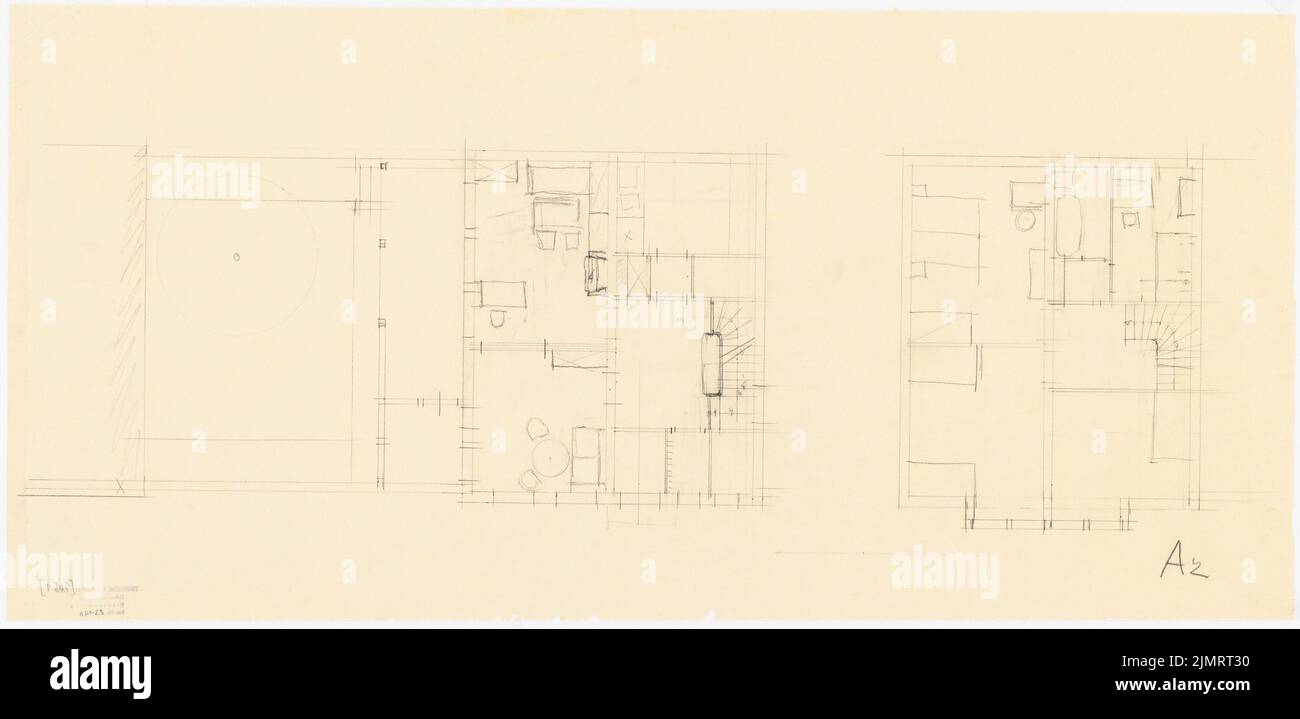 Jansen Hermann (1869-1945), Gesamtentwicklungsplan Ankara. Ankara Cooperifi. Haustypen (1936-1936): Typ A2 Variante, Einfamilienhaus 5 Zimmer, Grundriß Erdgeschoss und Obergeschoss 1:50. Bleistift auf Transparent, 37,5 x 77,5 cm (inklusive Scankanten) Jansen Hermann (1869-1945): Gesamtbauungsplan Ankara. Ankara Kooperatifi. Haustypen Stockfoto