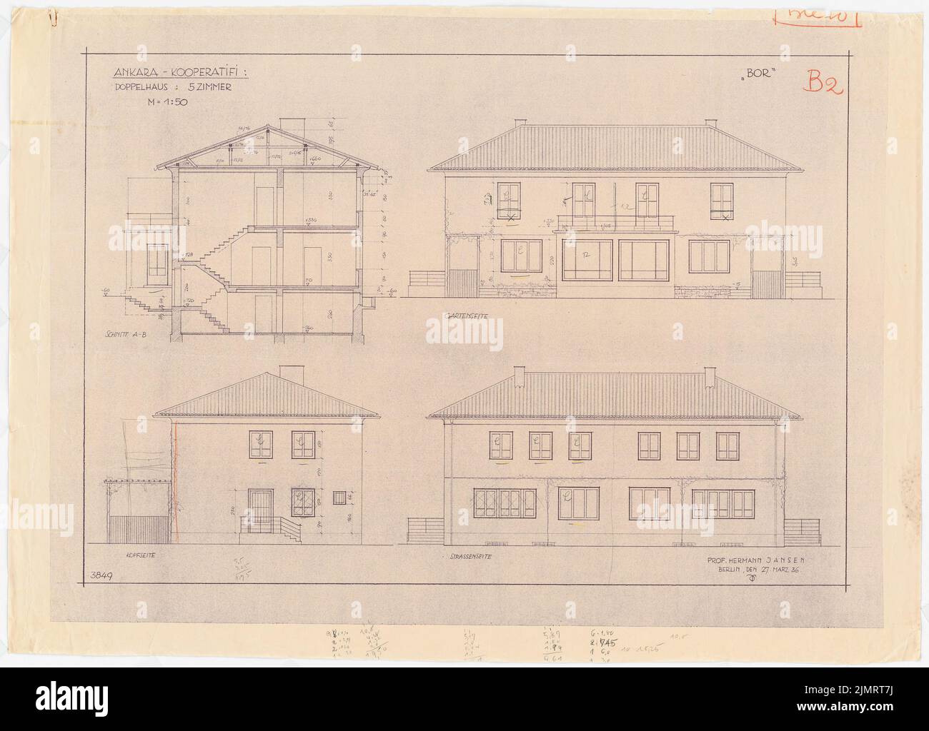 Jansen Hermann (1869-1945), Gesamtentwicklungsplan Ankara. Ankara Cooperifi. Hausarten (27. März 1936): (Leichte Unterbrechung von Inv.-Nr. 23205), Typ B2, BOR, Doppelhaus 5 Zimmer, Querschnitt, Garten-, Straßen- und Seitenblick 1:50. Bleistift, Farbstift über einem Bruch auf Papier, 73,2 x 101,8 cm (inklusive Scankanten) Jansen Hermann (1869-1945): Gesamtbauungsplan Ankara. Ankara Kooperatifi. Haustypen Stockfoto