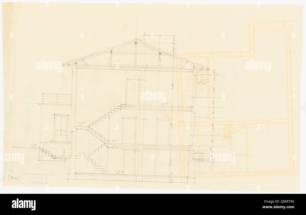 Jansen Hermann (1869-1945), Gesamtentwicklungsplan Ankara. Ankara Cooperifi. Home Typen (1936): Typ B2, Bor, Doppelhaus 5 Zimmer, Querschnitt 1:50. Bleistift auf Transparent, 32,4 x 51,1 cm (inklusive Scankanten) Jansen Hermann (1869-1945): Gesamtbauungsplan Ankara. Ankara Kooperatifi. Haustypen Stockfoto