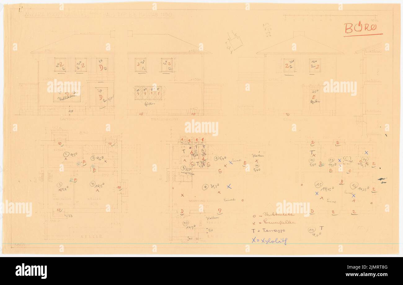 Jansen Hermann (1869-1945), Gesamtentwicklungsplan Ankara. Ankara Cooperifi. Haustypen (25.03.1936): (Leichter Bruch aus Inv.-Nr. 23221), Typ B3, Doppelhaus 3 Zimmer, Fassadenschnitt, Straßenblick, Gartenblick, Giebelblick, Grundrisse Untergeschoss, Bleistift, Farbstift über einem Bruch auf Papier, 57,3 x 89,7 cm (inklusive Scankanten) Jansen Hermann (1869-1945): Gesamtbauungsplan Ankara. Ankara Kooperatifi. Haustypen Stockfoto