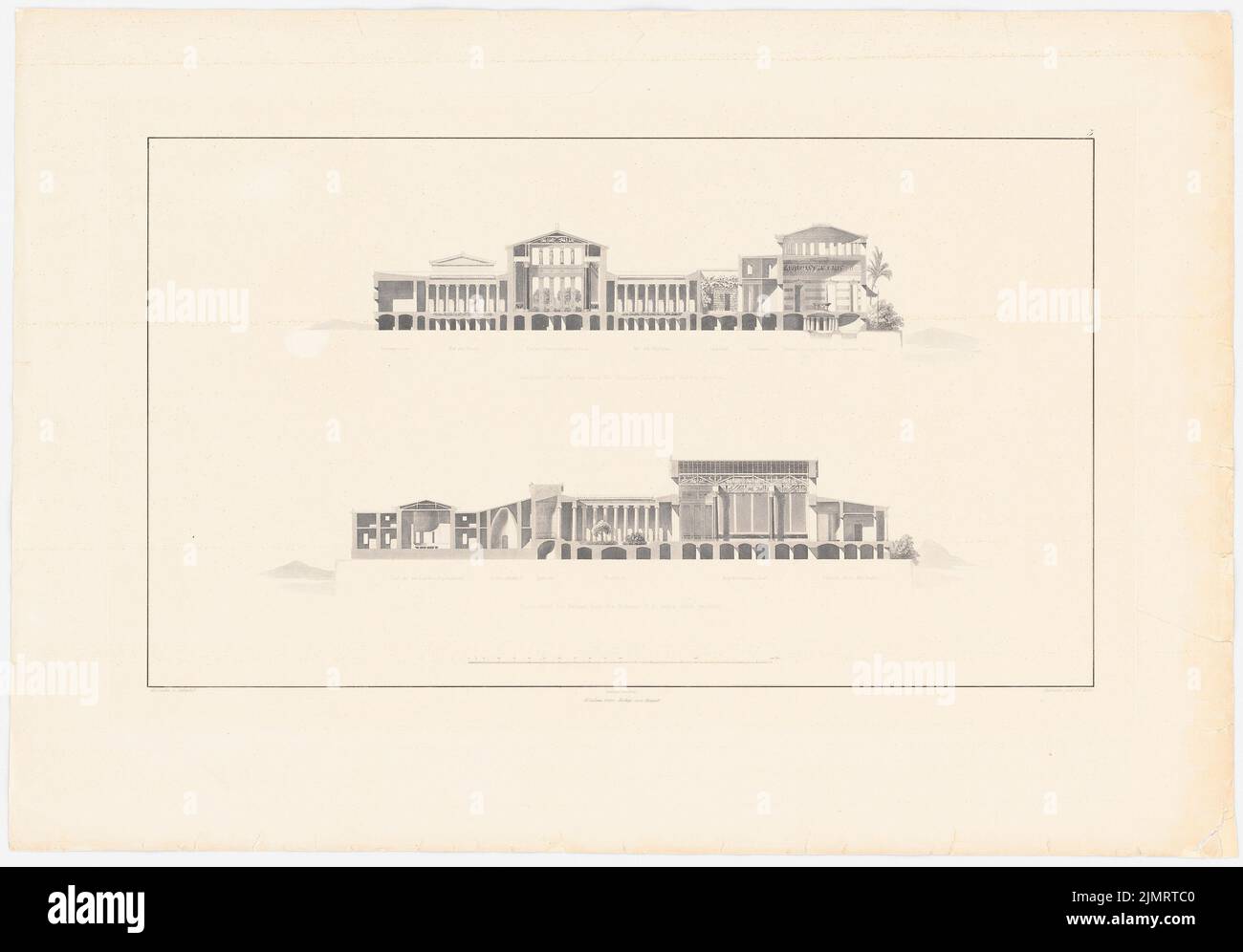 Schinkel Karl Friedrich (1781-1841), Königliches Schloss auf der Akropolis von Athen (1840): Schnitte des Palastes. Lithographie auf Karton, 62 x 88,9 cm (inklusive Scankanten) Schinkel Karl Friedrich (1781-1841): Königliches Schloss auf der Akropolis, Athen Stockfoto