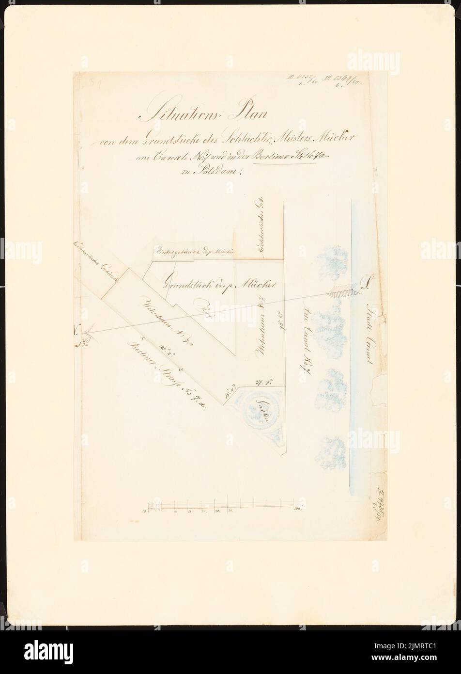 Boumann Johann (1706-1776), Potsdamer Stadthäuser. Bauaufzeichnungen (sogenannter Ziller-Folder) um 1850. Auf Kanal 7 (Baujahr 1737) und Berliner Straße 7a (Baujahr 1750, Boumann) (1859?): Je nach Plan auf Kanal Nr. 7 und Berliner Str. 7a (Maßstab Bar, Fuß). Bleistift und Tinte Aquarell auf Papier, 46 x 33,7 cm (inklusive Scankanten) Boumann d. Ä. Johann (1706-1776): Potsdamer Bürgerhäuser. Bauaufnahmen (sog. Ziller-Mappe) um 1850. Am Kanal 7 (Baujahr 1737) und Berliner Straße 7a (Baujahr 1750, Boumann) Stockfoto