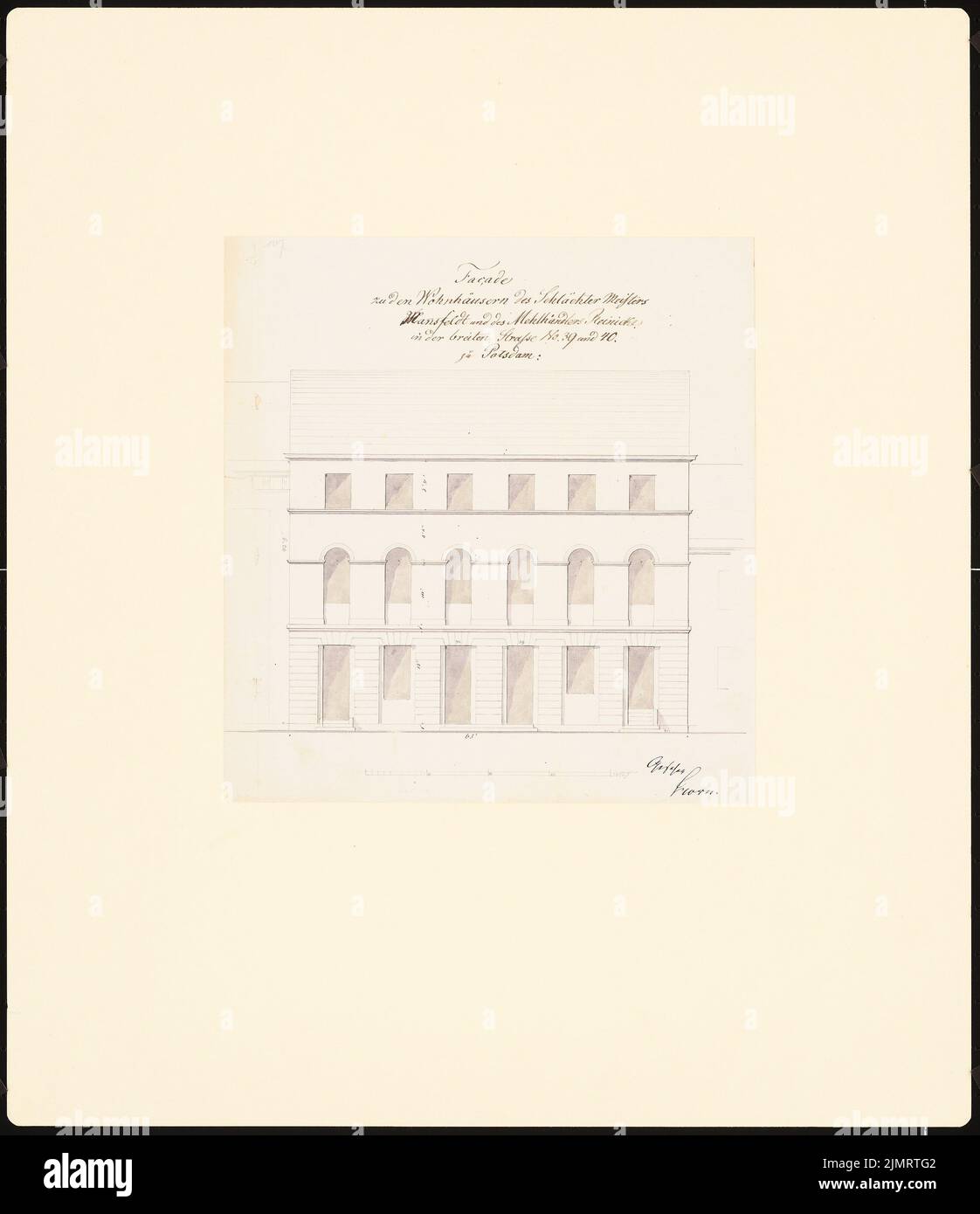 Boumann Johann (1706-1776), Potsdamer Stadthäuser. Bauaufzeichnungen (sogenannter Ziller-Folder) um 1850. Breite Straße Nr. 39 und 40 (Baujahr 1749) (1855-1855): Riss-Vorderansicht-Fassade (Maßstab Bar, Fuß). Bleistift und Tinte Aquarell auf Papier, 58,6 x 50,6 cm (inklusive Scankanten) Boumann d. Ä. Johann (1706-1776): Potsdamer Bürgerhäuser. Bauaufnahmen (sog. Ziller-Mappe) um 1850. Breite Straße Nr. 39 und 40 (Baujahr 1749) Stockfoto