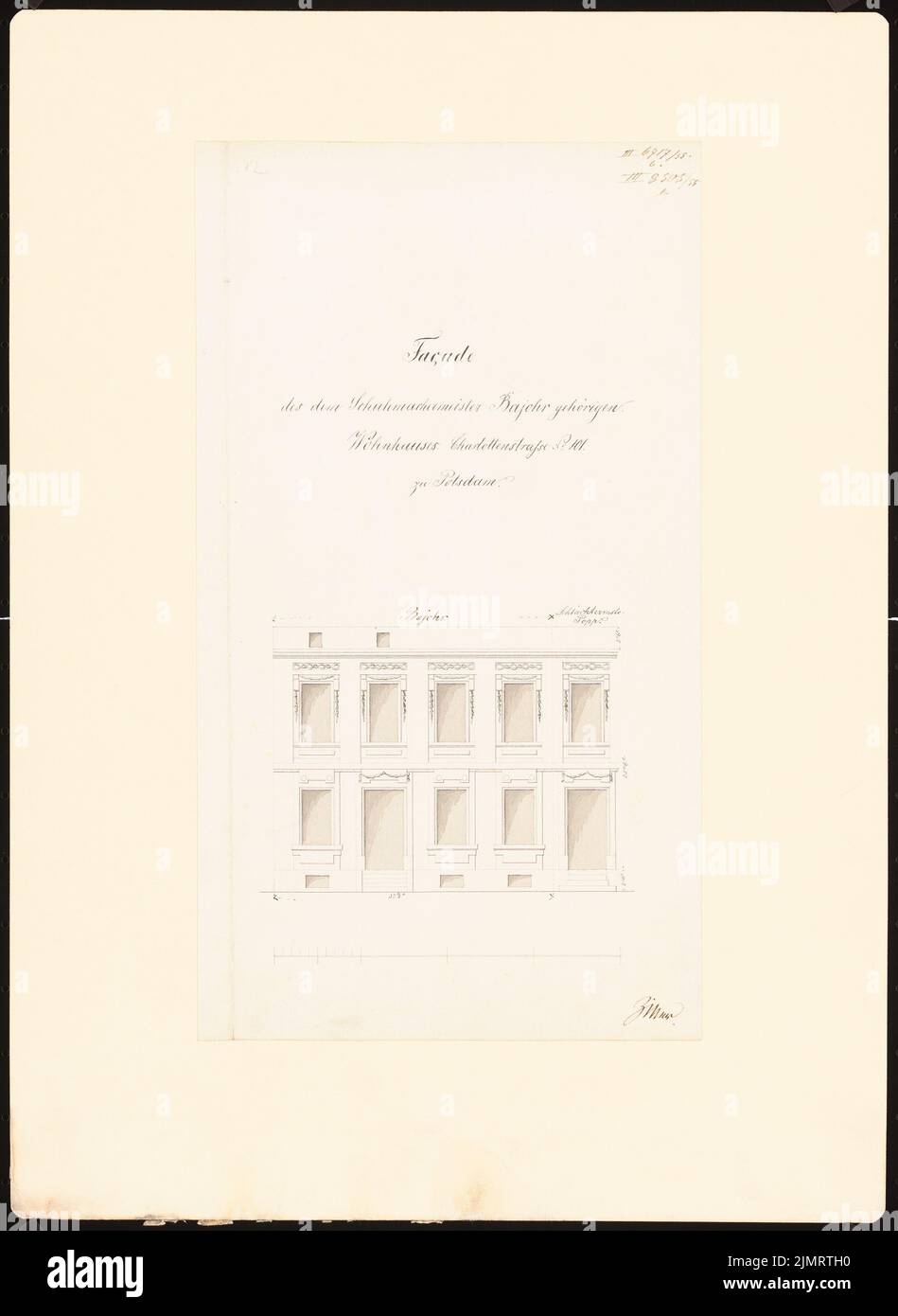 Krüger Andreas Ludwig (1743-1805), Potsdamer Bürgerhäuser. Bauaufzeichnungen (sogenannter Ziller-Folder) um 1850. Wohnhaus Charlottenstraße (Baujahr 1782) (1855-1855): Obere Frontansicht-Fassade (Massstab). Bleistift und Tinte Aquarell auf Papier, 46,1 x 33,7 cm (inklusive Scankanten) Krüger Andreas Ludwig (1743-1805): Potsdamer Bürgerhäuser. Bauaufnahmen (sog. Ziller-Mappe) um 1850. Wohnhaus Charlottenstraße 101 (Baujahr 1782) Stockfoto