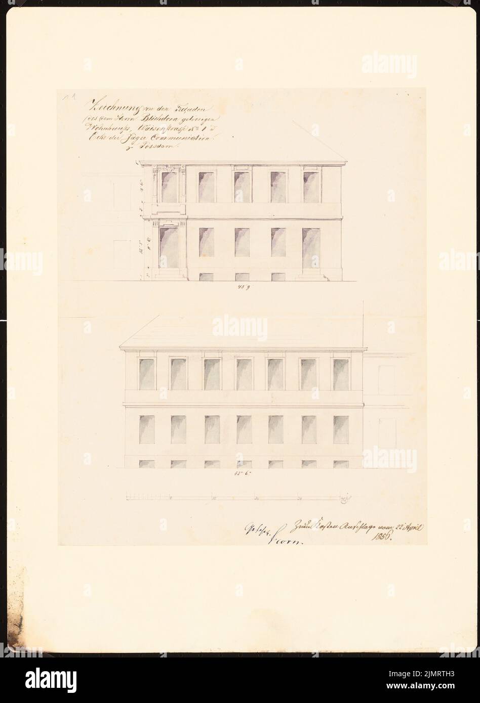 Unbekannter Architekt, Potsdamer Stadthäuser. Bauaufzeichnungen (sogenannter Ziller-Folder) um 1850. Waisenstraße 1 (Baujahr 1786) (22. April 1856): Nahsicht Fassaden Waisenstr. 1 und Jäger Communication (Skalenbalken, Fuß). Bleistift und Tinte Aquarell auf Papier, 46,2 x 33,7 cm (einschließlich Scankanten) N.N. : Potsdamer Bürgerhäuser. Bauaufnahmen (sog. Ziller-Mappe) um 1850. Wohnhaus Waisenstraße 1 (Baujahr 1786) Stockfoto