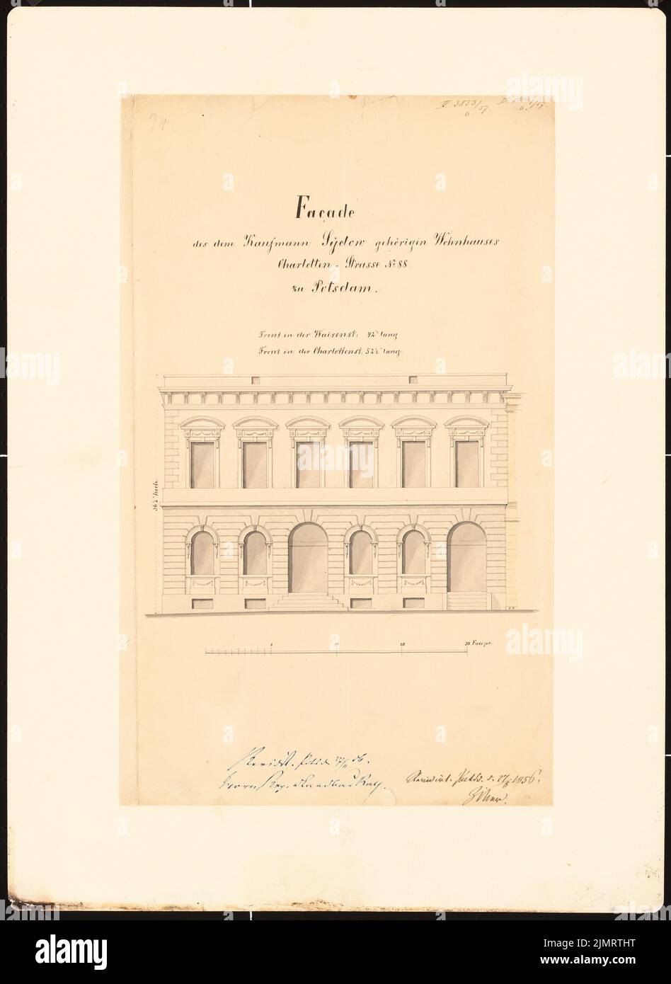 Unger (1743-1799), Potsdamer Bürgerhäuser. Bauaufzeichnungen (sogenannter Ziller-Folder) um 1850. Eckhaus Charlottenstraße 88, Ecke Waisenstraße (Baujahr 1781) (27.08.1856): Riss-Vorderansicht-Fassade (Skalenbalken, Fuß). Bleistift und Tinte Aquarell auf Papier, 46,1 x 33,7 cm (inklusive Scankanten) Unger (1743-1799): Potsdamer Bürgerhäuser. Bauaufnahmen (sog. Ziller-Mappe) um 1850. Eckhaus Charlottenstraße 88, Ecke Waisenstraße (Baujahr 1781) Stockfoto