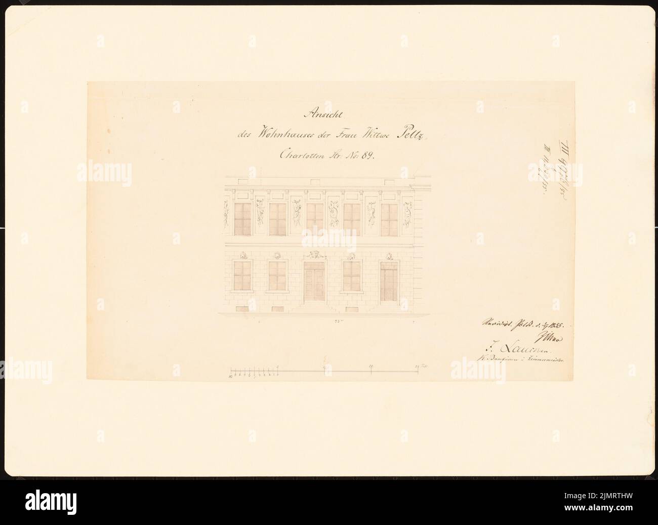 Unger (1743-1799), Potsdamer Bürgerhäuser. Bauaufzeichnungen (sogenannter Ziller-Folder) um 1850. Wohnhaus Charlottenstraße (Baujahr 1777) (01.07.1855): Riss-Vorderansicht-Fassade (Maßstab Bar, Fuß). Bleistift und Tinte Aquarell auf Papier, 33,5 x 46 cm (inklusive Scankanten) Unger (1743-1799): Potsdamer Bürgerhäuser. Bauaufnahmen (sog. Ziller-Mappe) um 1850. Wohnhaus Charlottenstraße 89 (Baujahr 1777) Stockfoto