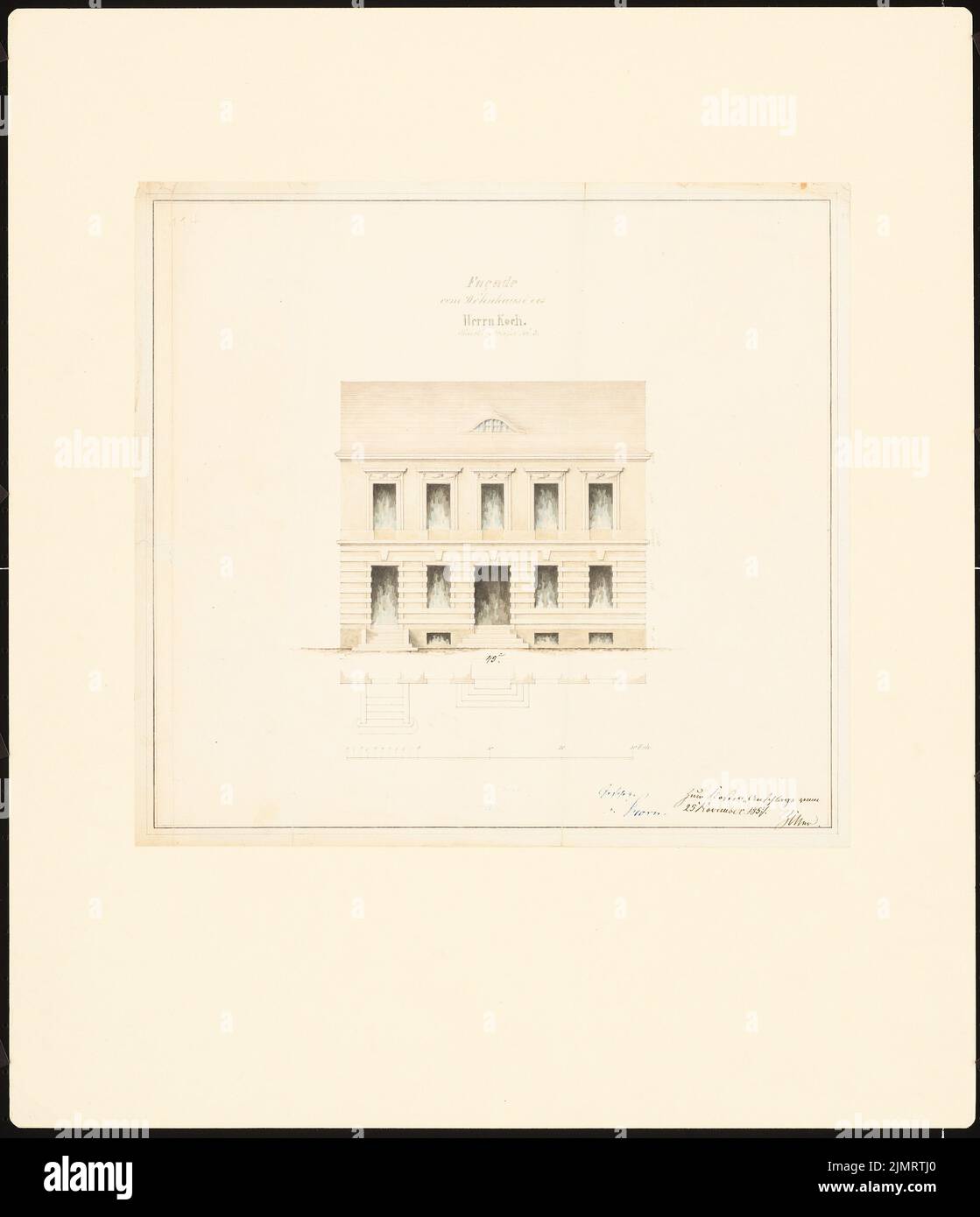 Unger (1743-1799), Potsdamer Bürgerhäuser. Bauaufzeichnungen (sogenannter Ziller-Folder) um 1850. Wohnhaus Bäckerstraße (Baujahr 1775) (25. November 1857): Rising View Fassade, Grundrissfront (Scale Bar, Fuß Rheinl.). Tinte und Bleistift auf Papier, wasserfarben, 58,7 x 50,5 cm (inklusive Scankanten) Unger (1743-1799): Potsdamer Bürgerhäuser. Bauaufnahmen (sog. Ziller-Mappe) um 1850. Wohnhaus Bäckerstraße 5 (Baujahr 1775) Stockfoto