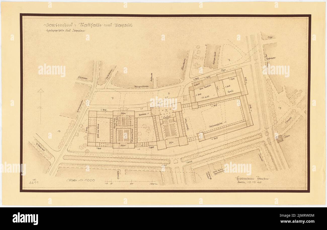 Jansen Hermann (1869-1945), Bebauungsplan Dortmund (12.12.1940): Innenstadt, Rathaus und Rathaus, Lageplan mit Grundriß 1: 1000. Leichter Bruch auf Karton, 50,9 x 80,2 cm (inklusive Scankanten) Jansen Hermann (1869-1945): Bebauungsplan Dortmund Stockfoto