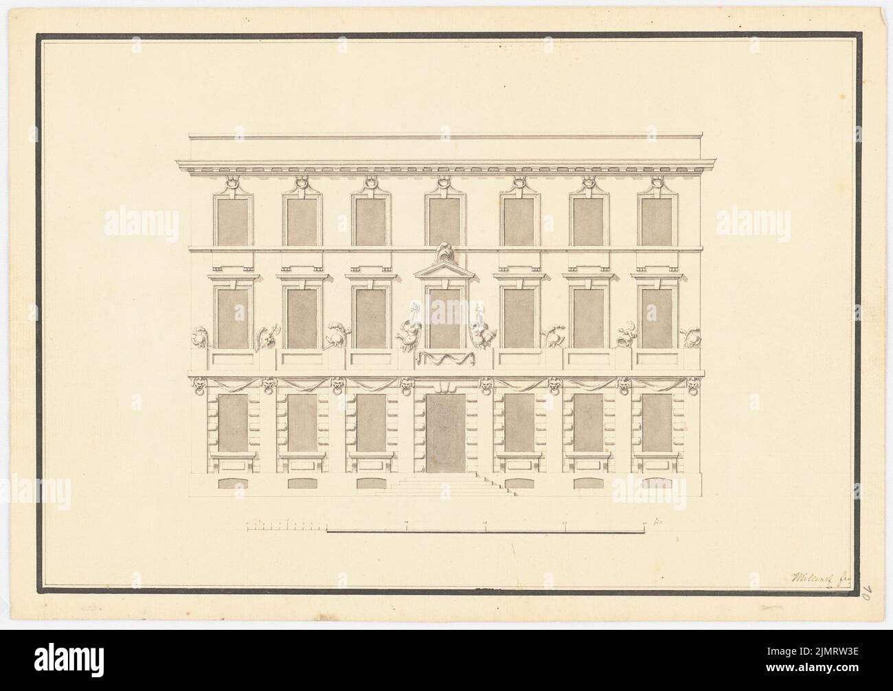 Millenet, Wohnhaus (ca. 1780): Aussicht. Tusche Aquarell auf Papier, 24,9 x 35,4 cm (inklusive Scankanten) Millenet : Wohnhaus Stockfoto