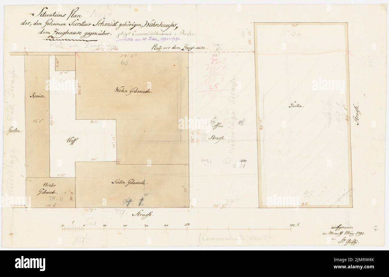 Titel Friedrich Wilhelm (1754-1840), Wohnbaugeheimsekretär Schmidt, Berlin (alter Befehl) (03,1792): Lageplan. Bleistift und Tinte Aquarell auf Papier, 28,3 x 43,9 cm (inklusive Scankanten) Titel Friedrich Wilhelm (1754-1840): Wohnhaus Gehheim Sekretär Schmidt, Berlin (Alte Kommandantur) Stockfoto