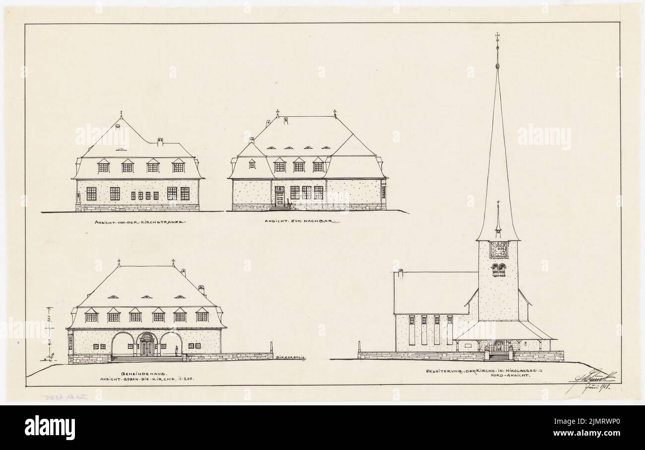 Blunck Erich (1872-1950), Evangelische Kirche in Berlin-Nikolassee. Erweiterung um Pfarrhaus und Pfarrhaus (06,1918): Riss 1: 200: Ansicht der Kirche Nord, drei Ansichten des Pfarrhauses: nordseite, Ostseite (Kirchstraße), Südseite (zur Kirche). Tusche auf Transparent, 31,3 x 49,8 cm (inklusive Scankanten) Blunck Erich (1872-1950): Evangelische Kirche, Berlin-Nikolassee. Erweiterung des Gemeindehauses und Pfarrhauses Stockfoto