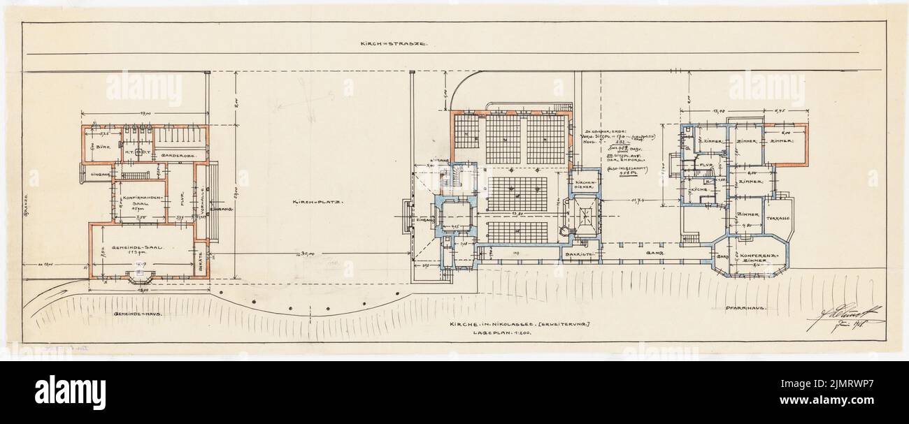 Blunck Erich (1872-1950), Evangelische Kirche in Berlin-Nikolassee. Erweiterung mit Pfarrhaus und Pfarrhaus (1918): Abteilung 1: 200; Grundriss Erdgeschoss 1: 200 mit Raumprogramm. Tusche, Bleistift und Farbstift auf Transparent, 26,9 x 67,5 cm (inklusive Scankanten) Blunck Erich (1872-1950): Evangelische Kirche, Berlin-Nikolassee. Erweiterung des Gemeindehauses und Pfarrhauses Stockfoto