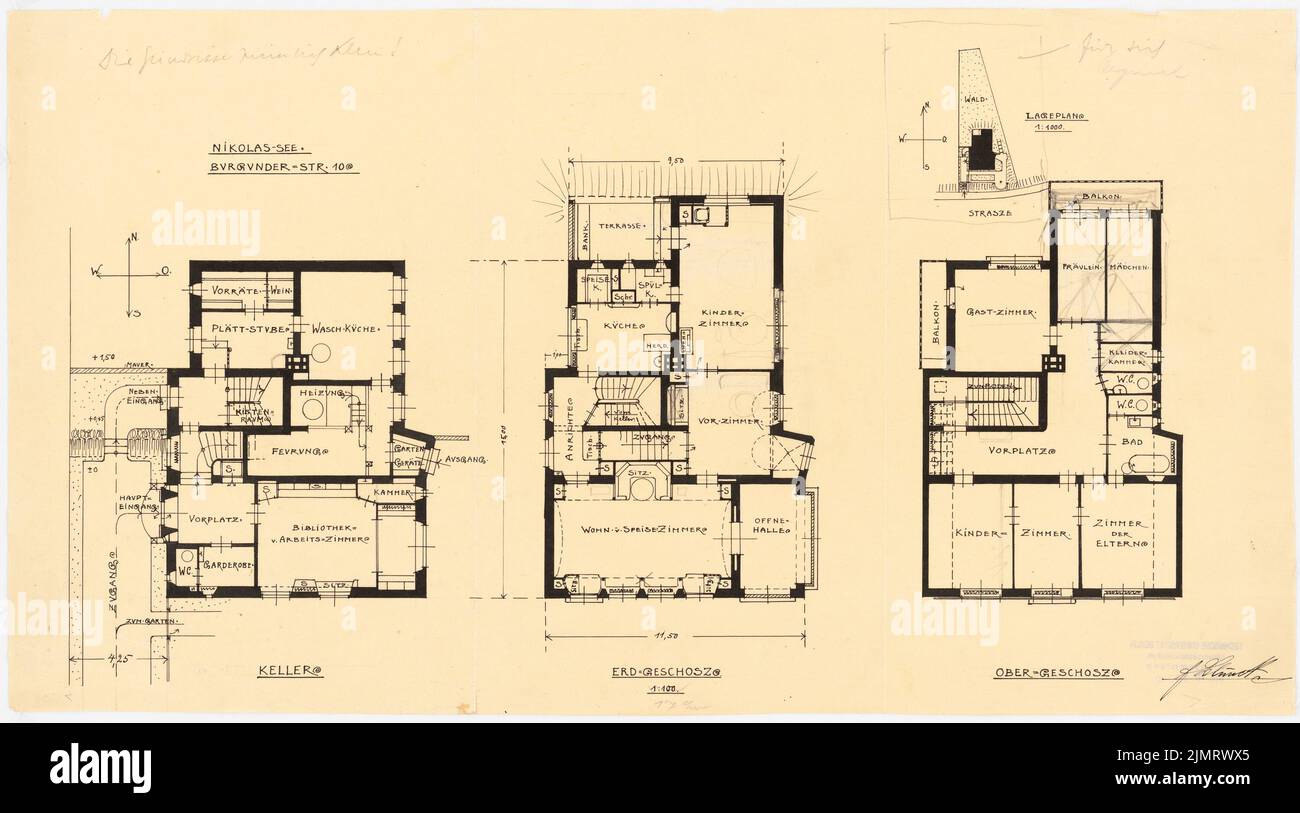 Blunck Erich (1872-1950), Einfamilienhaus in Berlin-Nikolassee (01,1907): Abteilung 1: 1000; Grundriß 1: 100 Keller, Erdgeschoss, Obergeschoss. Tinte, Bleistift auf Transparent, 32 x 57,5 cm (inklusive Scankanten) Blunck Erich (1872-1950): Einfamilienwohnhaus, Berlin-Nikolassee Stockfoto