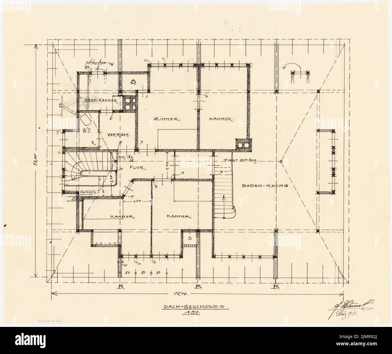 Blunck Erich (1872-1950), Einfamilienhaus mit Garten in Berlin. (?) (03,1913): Grundriß Obergeschoß 1:50. Tusche auf Transparent, 33,5 x 40,1 cm (inklusive Scankanten) Blunck Erich (1872-1950): Einfamilienhaus mit Garten, Berlin (?) Stockfoto