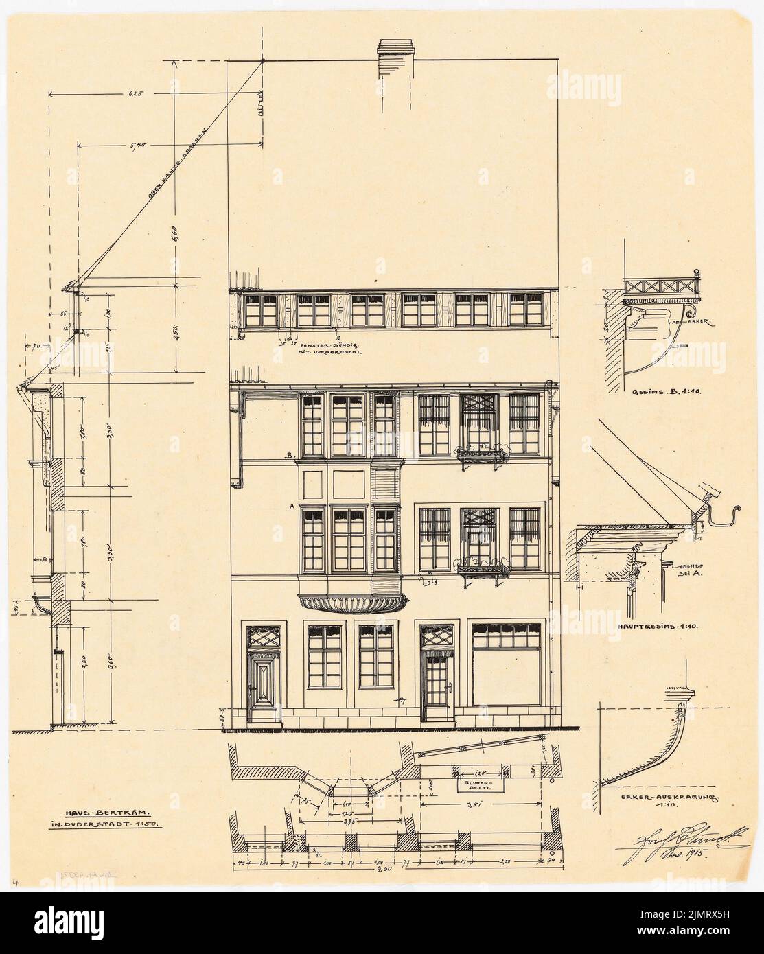 Blunck Erich (1872-1950), Fassaden der Häuser in Duderstadt (11,1915) nach dem Brand am 17. Juni 1915 nachgebaut: Riss: Blick aus der Straße 1:50; Fassadenschnitte horizontal und vertikal 1:50; Details 1:10 von bayards und Gesimsen. Tinte, Bleistift auf Transparent, 51,8 x 44,3 cm (inklusive Scankanten) Blunck Erich (1872-1950): Fassaden der nach dem Brand am 17. Juni 1915 wiederaufgebaute Häuser, Duderstadt Stockfoto