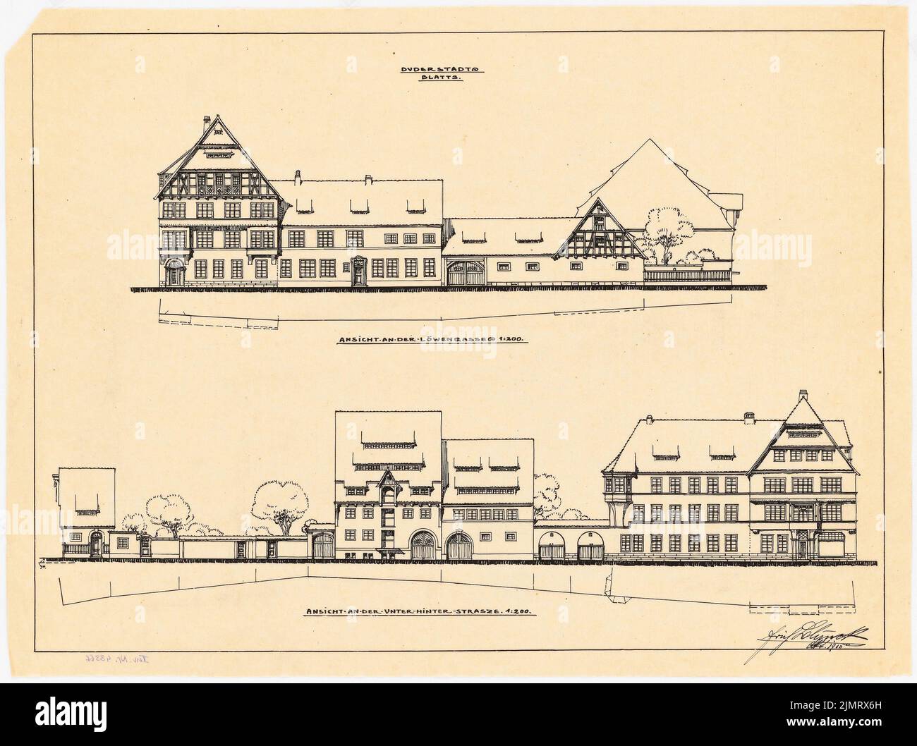 Blunck Erich (1872-1950), Fassaden der Häuser in Duderstadt (10,1915) nach dem Brand am 17. Juni 1915 rekonstruiert: Rissen 1: 200: Blick auf die Löwengasse, Blick auf die unter-hinter-Straße. Tinte auf Transparent, 38,5 x 51,7 cm (inklusive Scankanten) Blunck Erich (1872-1950): Fassaden der nach dem Brand am 17. Juni 1915 wiederaufgebaute Häuser, Duderstadt Stockfoto