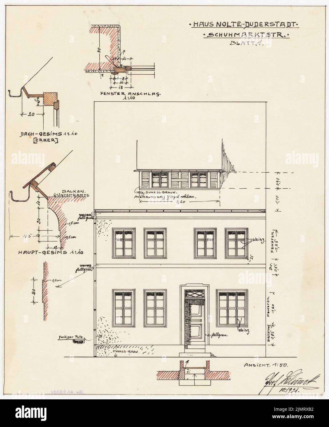 Blunck Erich (1872-1950), Fassaden der Häuser in Duderstadt (10. 1921) nach dem Brand am 17. Juni 1915 rekonstruiert: Riss: Blick aus der Straße 1:50; Fassadenschnitte horizontal und vertikal 1:50; Details 1:10: Gesims- und Fensterstopp. Tusche, Buntstift auf Transparent, 35,3 x 29 cm (inklusive Scankanten) Blunck Erich (1872-1950): Fassaden der nach dem Brand am 17. Juni 1915 wiederaufgebaute Häuser, Duderstadt Stockfoto