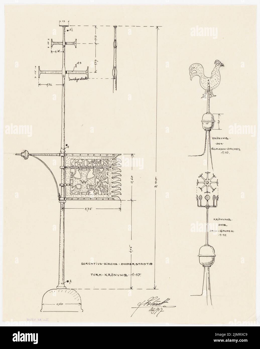 Blunck Erich (1872-1950), Servatiuskirche in Duderstadt. Wiederaufbau nach dem Brand am 17. Juni 1915 (08,1917): Details 1:10: Wetterfahne, Brechungen der Dormeries und das Dach des Glockenturms. Tusche auf Transparent, 41,9 x 33,4 cm (inklusive Scankanten) Blunck Erich (1872-1950): Servatiuskirche, Duderstadt. Wiederaufbau nach dem Brand am 17. Juni 1915 Stockfoto