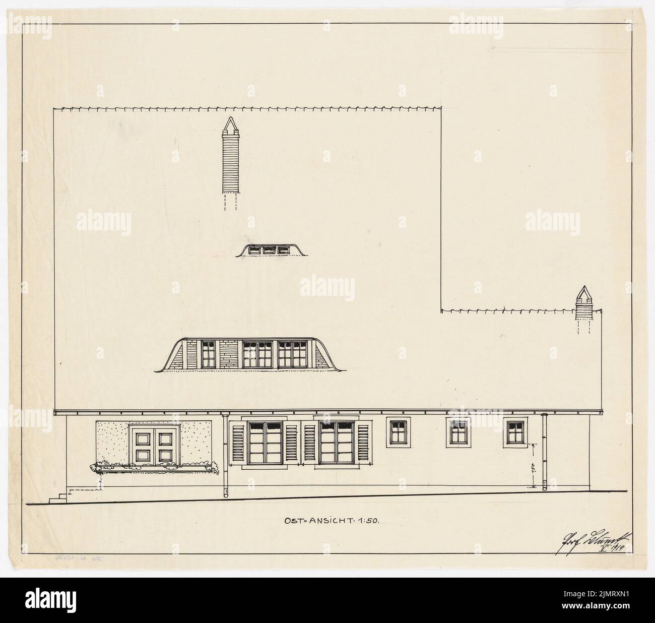 Blunck Erich (1872-1950), Gutshof Nickelgut in Blindham. Wohnhaus mit Büros (05,1919): Rising: Ost-Ansicht 1:50. Tusche auf Transparent, 39,6 x 45 cm (inklusive Scankanten) Blunck Erich (1872-1950): Gutshof Nickelgut, Blindham. Wohnhaus mit Büros Stockfoto