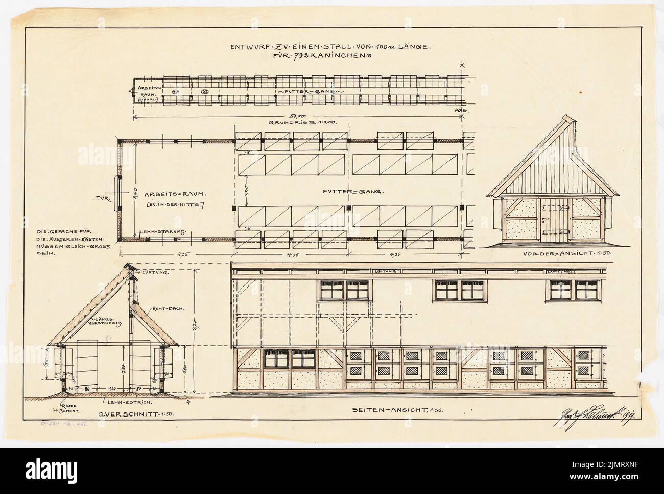 Blunck Erich (1872-1950), Gutshof Nickelgut in Blindham. Kaninchenstall, freistehend (1919): Grundriß 1: 200; Grundriß 1:50; Rising 1:50 Vorderansicht, Seitenansicht; Querschnitt 1:50. Tusche und Farbstift auf Transparent, 34 x 50,3 cm (inklusive Scankanten) Blunck Erich (1872-1950): Gutshof Nickelgut, Blindham. Kaninchenstall, freihend Stockfoto