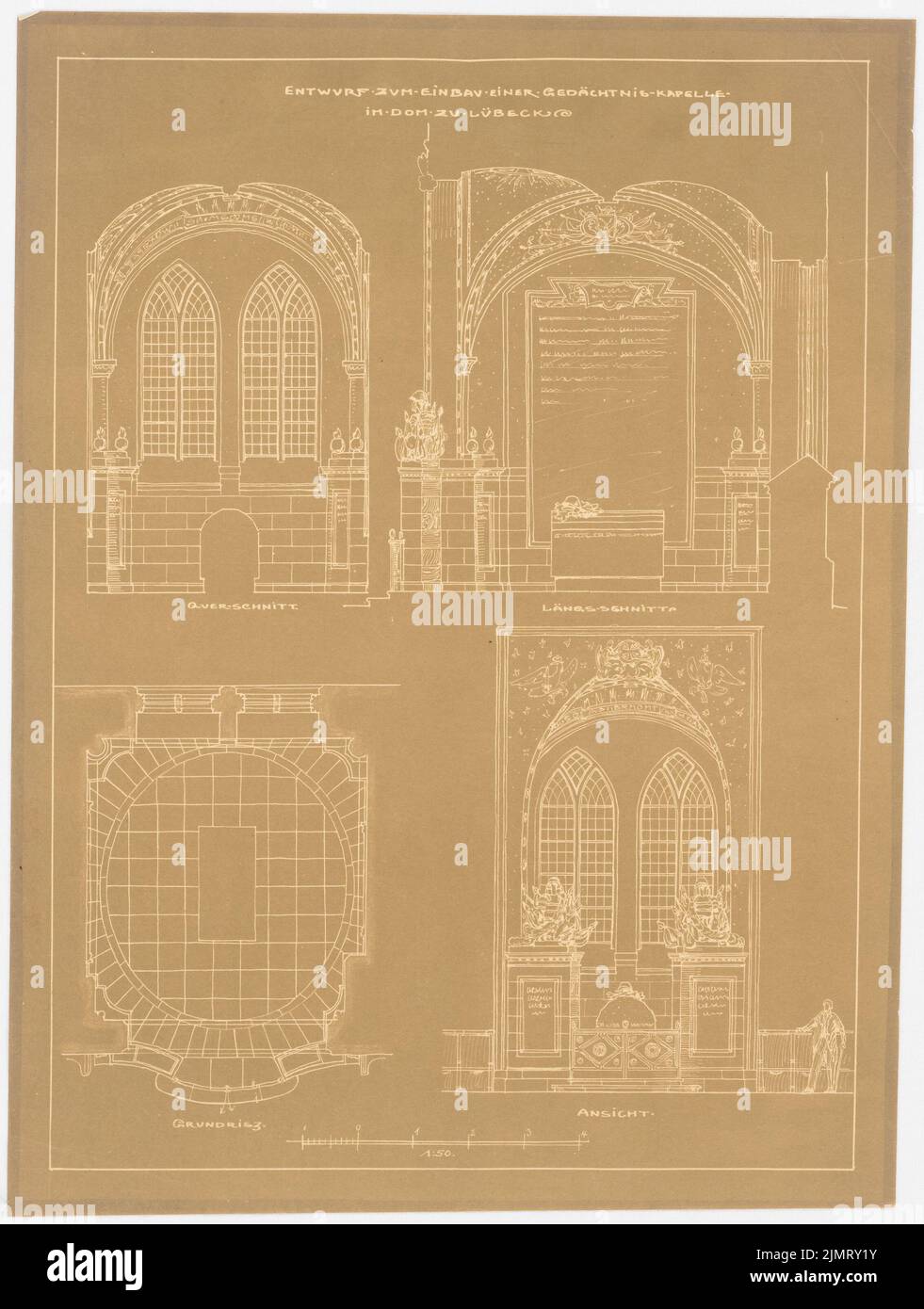 Blunck Erich (1872-1950), Dom zu Lübeck. Gefallene Gedächtniskapelle (1922): (Aus Inv 43536) Grundriß 1:50; Blick aus dem Kircheninneren 1:50; Längsschnitt 1:50; Querschnitt 1:50. Leichter Bruch auf Papier, 43,5 x 32,8 cm (inklusive Scankanten) Blunck Erich (1872-1950): Dom, Lübeck. Gefallener Gedenkkapelle Stockfoto