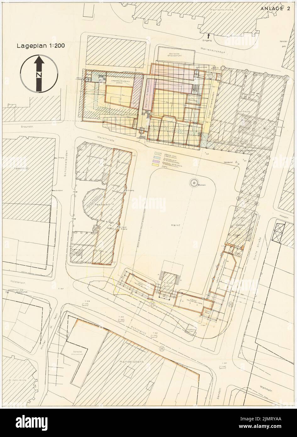 Blunck Erich (1872-1950), Markt in Lübeck (1949): Lageplan 1: 200. Bleistift, Buntstift auf Druck auf Papier, 110,5 x 80,4 cm (inklusive Scankanten) Blunck Erich (1872-1950): Markt, Lübeck Stockfoto