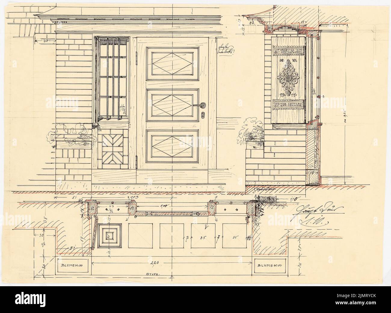 Blunck Erich (1872-1950), Eingangstür (ohne Datum): Details 1:10: Eingang mit Tür im Grundriß, Ansicht und vertikaler Schnitt. Tusche, Farbstift und Bleistift auf Transparent, 40,1 x 54,9 cm (inklusive Scankanten) Blunck Erich (1872-1950): Eingangstür Stockfoto