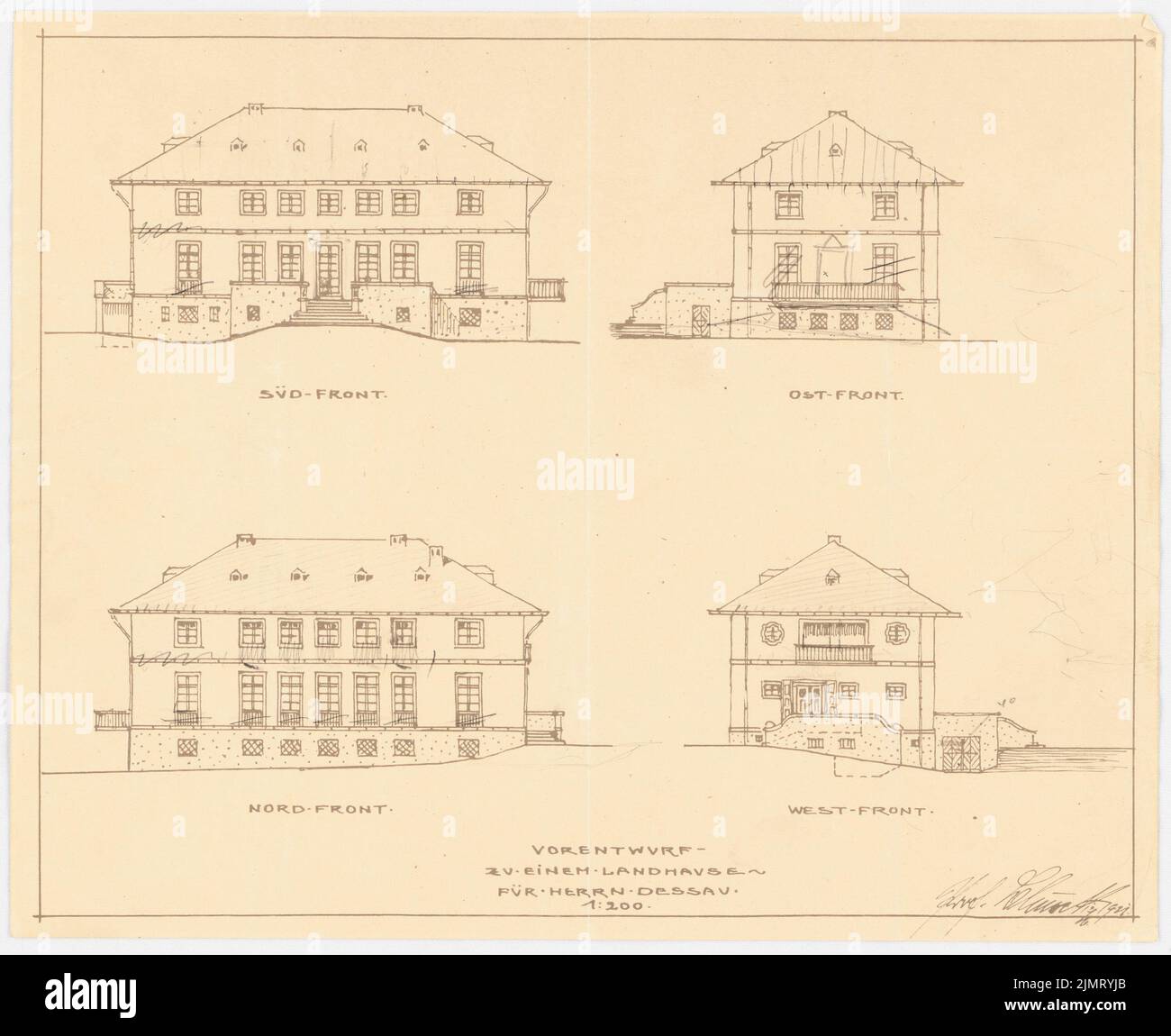 Blunck Erich (1872-1950), Landhaus (12. Juni 1921): Riss 1: 200: Blick nach Osten, Westen, Norden, Süden. Bleistift über Lichtbruch auf Papier, 26,5 x 32,5 cm (inklusive Scankanten) Blunck Erich (1872-1950): Landhaus Stockfoto