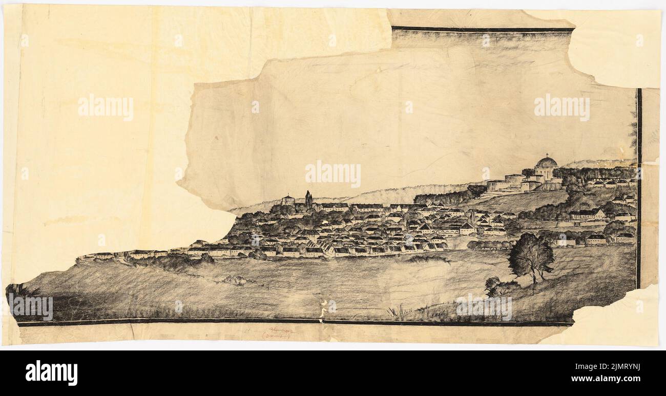 Jansen Hermann (1869-1945), Wettbewerbsplan für Heiligkreuz, Trier. Show (1925-1925): Perspektivische Ansicht (Diorama). Blick aus Nordosten (Moselseite). Kohle auf Transparent, 94,6 x 179,6 cm (inklusive Scan-Kanten) Jansen Hermann (1869-1945): Wettbewerb Bauplan für Heiligkreuz, Trier. Schaubild Stockfoto