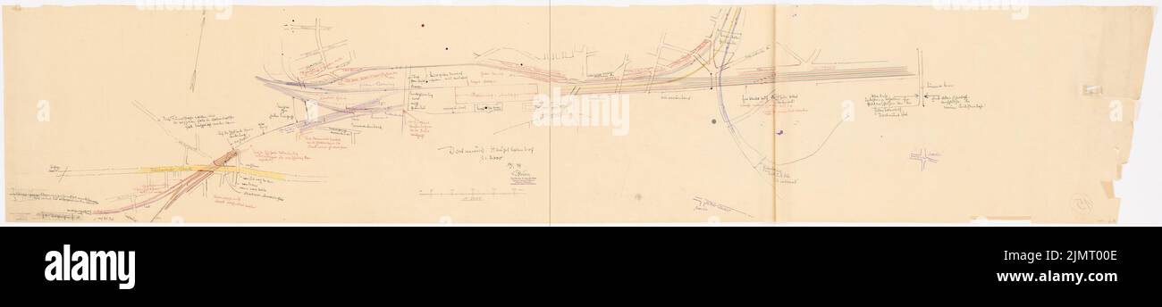 Blum Otto, Hauptbahnhof Dortmund. Das Projekt gehört zu: Hermann Jansen, Bebauungsplan Dortmund (13. Januar 1939): Streckenplan der Bahn 1: 2000. Tusche, Bleistift, Farbstift, Tusche auf Transparent, 54,4 x 278 cm (inklusive Scankanten) Blum Otto : Hauptbahnhof Dortmund. Zum Projekt gehört: Hermann Jansen, Bebauungsplan Dortmund Stockfoto
