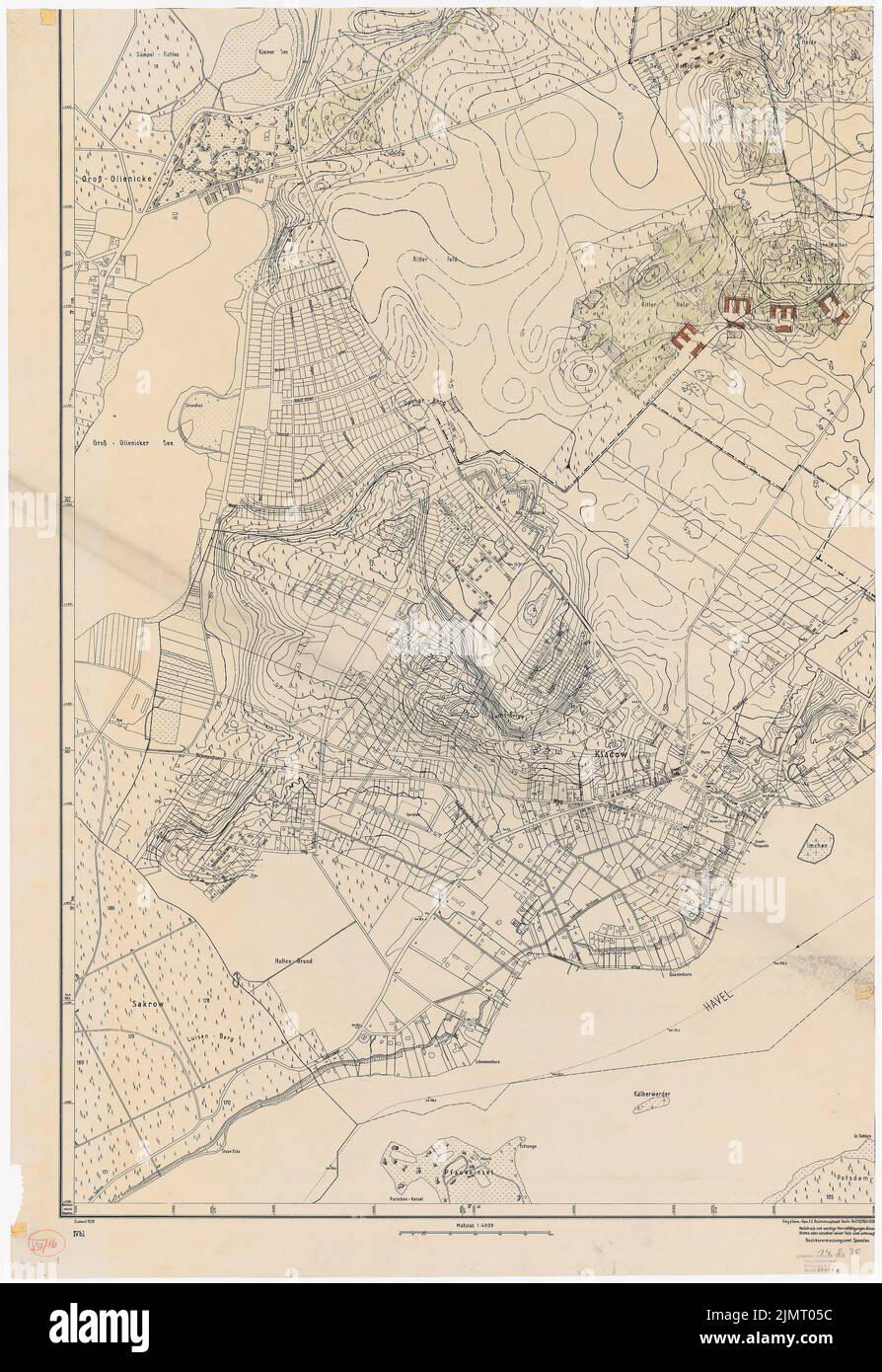 Jansen Hermann (1869-1945), Bebauungsplan Berlin-Gatow und Berlin-Kladow: Militäranlage, Vermessungskarte in 4 Teilen, Südwestteil 1: 4000. Tinte, Bleistift und Farbstift über Bruch auf transparent, 126,50 x 86,50 cm (inklusive Scankante). Architekturmuseum der Technischen Universität Berlin Inv. Nr. 22497. Jansen Hermann (1869-1945): Bebauungsplan Berlin-Gatow und Berlin-Kladow Stockfoto