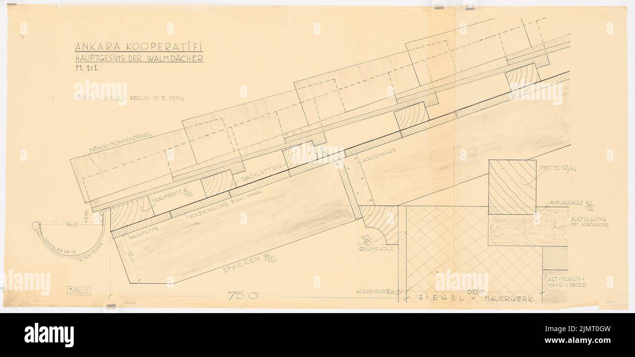 Jansen Hermann (1869-1945), Gesamtentwicklungsplan Ankara. Ankara Cooperifi. Haustypen: Allgemeine Arbeitsplanung, Details des Walmdachs, Querschnittsüberdachung der Walmdächer 1: 1. Bleistift auf transparent, 77,00 x 157,10 cm (inklusive Scankante). Architekturmuseum der Technischen Universität Berlin Inv. Nr. 23313. Jansen Hermann (1869-1945): Gesamtbauungsplan Ankara. Ankara Kooperatifi. Haustypen Stockfoto