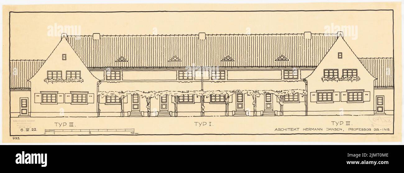 Jansen Hermann (1869-1945), Bau einer Siedlung für die gemeinnützige Kleinhausbaugesellschaft in Berlin-Heiligensee (06.04.1922): Blick auf die Gartenseite von Typ I, II und III 1 :: 50. Tusche auf Transparent, 32,6 x 90,7 cm (inklusive Scankanten) Jansen Hermann (1869-1945): Bau einer Siedlung für die gemeinnützige Kleinhausbaugesellschaft, Berlin-Heiligensee Stockfoto