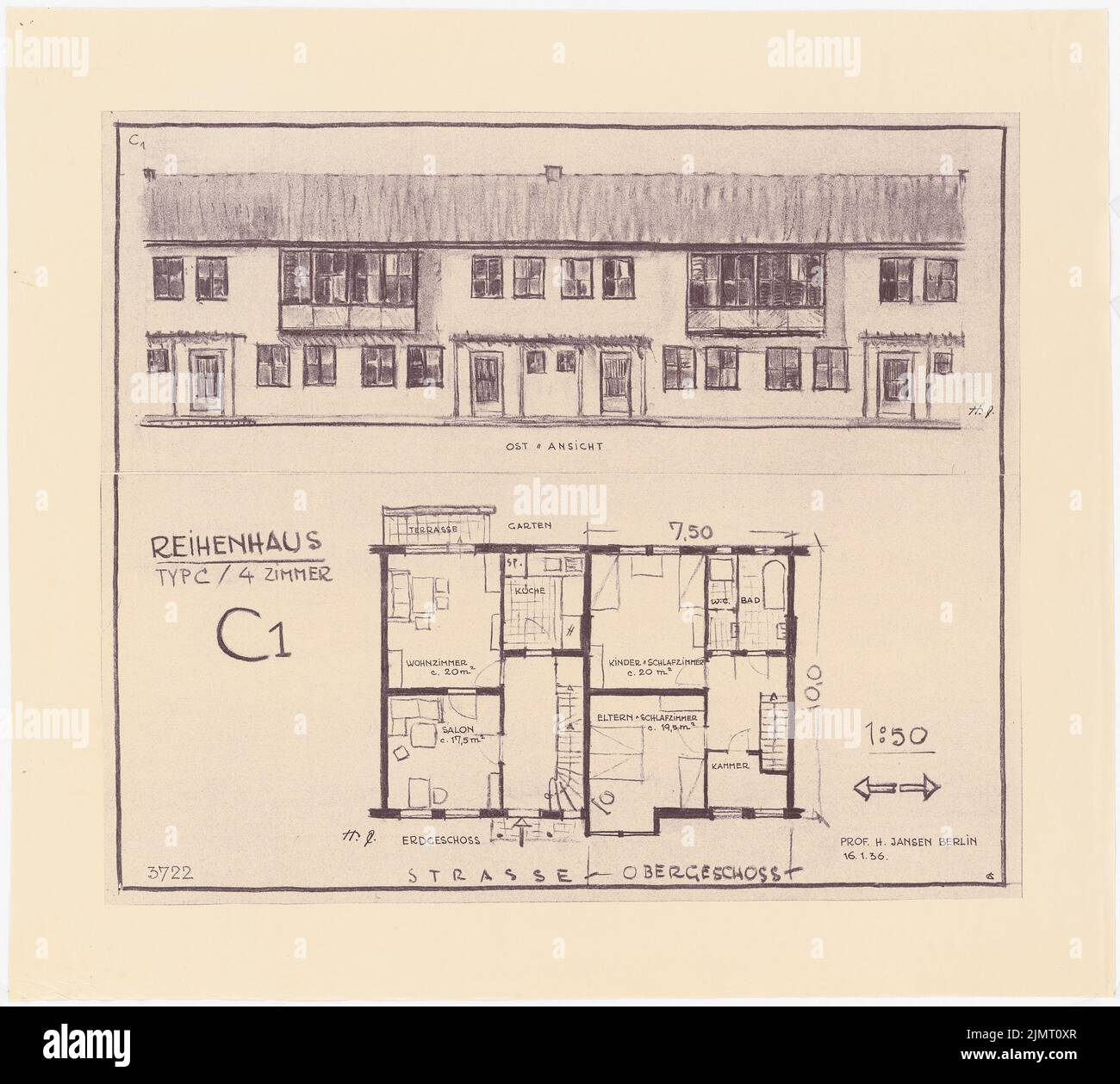 Jansen Hermann (1869-1945), Gesamtentwicklungsplan Ankara. Ankara Cooperifi. Haustyp (16. Januar 1936): (Leichte Unterbrechung von Inv. Nr. 23231 und 23232): Typ C1, Ceyhan, Reihenhaus 4 Zimmer, Blick auf die Straße, Grundriß Erdgeschoss und Obergeschoss 1:50. Leichter Bruch auf Papier, 74,1 x 82,4 cm (inklusive Scankanten) Jansen Hermann (1869-1945): Gesamtbauungsplan Ankara. Ankara Kooperatifi. Haustypen Stockfoto