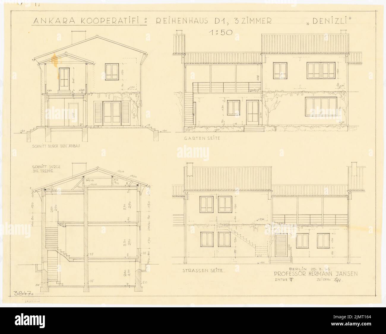 Jansen Hermann (1869-1945), Gesamtentwicklungsplan Ankara. Ankara Cooperifi. Haustypen (25.03.1936): Typ D1, Denizli, Reihenhaus (Kettenhaus) 3 Zimmer, 2 Querschnitte, Rückansicht, Vorderansicht 1:50. Bleistift auf Transparent, 56,1 x 70,3 cm (inklusive Scankanten) Jansen Hermann (1869-1945): Gesamtbauungsplan Ankara. Ankara Kooperatifi. Haustypen Stockfoto