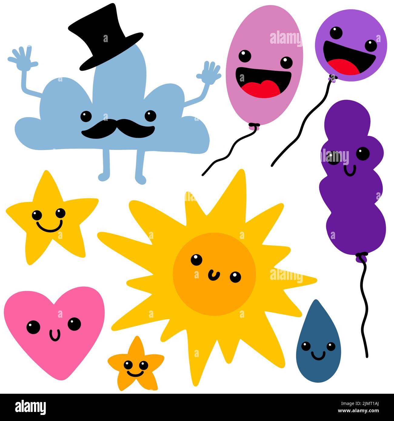 Cartoon Set Sonne und Wolken und Luftballons für Kinder Kleidung drucken und festliche Stoffe und Geschenkpapier und Studie Notizbücher und Accessoires. Hohe Qualität Stockfoto