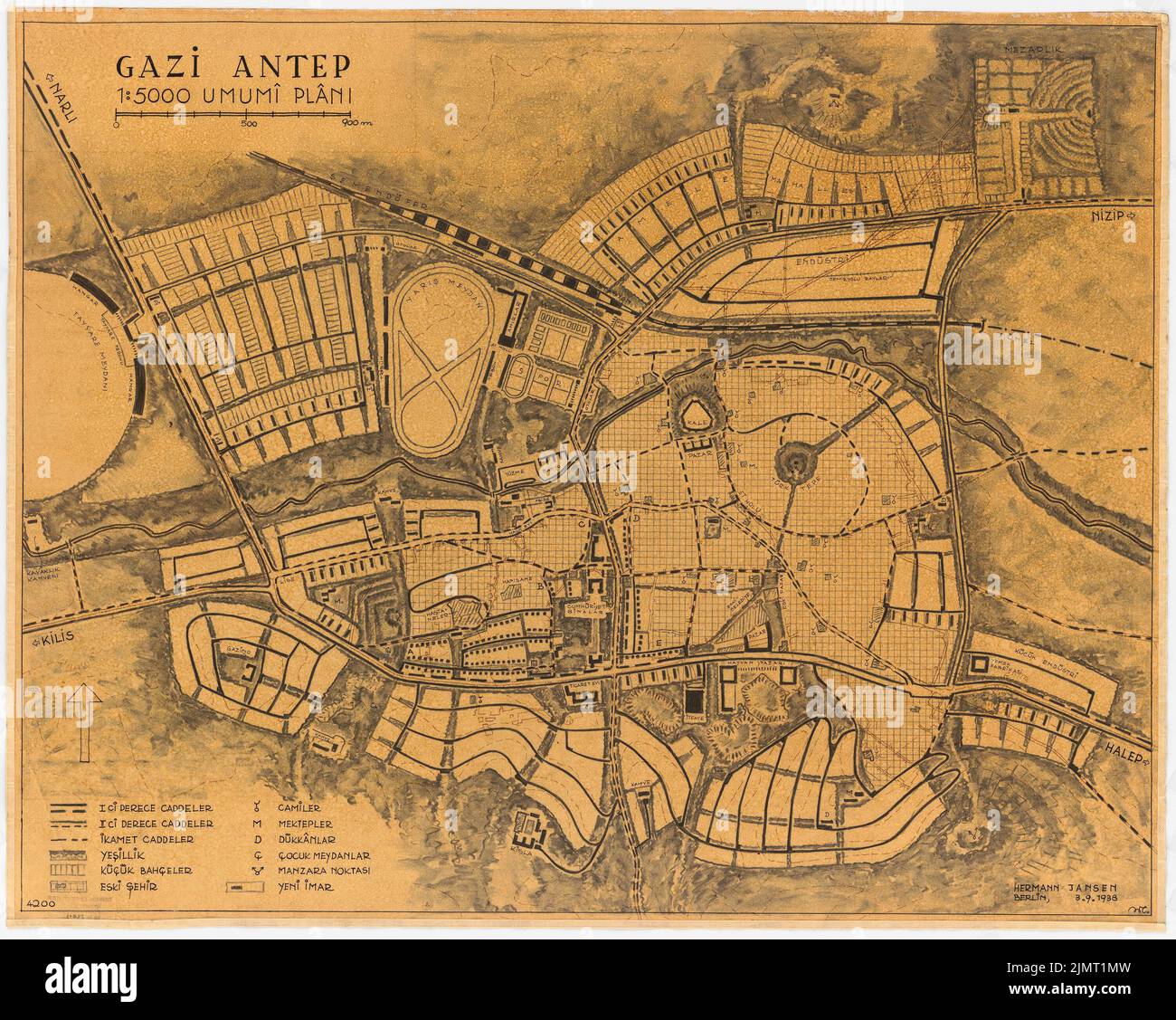Jansen Hermann (1869-1945), Gesamtentwicklungsplan in Gaziantep (03.09.1938): Zweite Version: Zonenplan über Kartenerweiterung 1: 5000, Skalenbalken. Kohle und Tinte auf Transparent, 71,7 x 89,8 cm (inklusive Scankanten) Jansen Hermann (1869-1945): Gesamtbauungsplan, Gaziantep Stockfoto