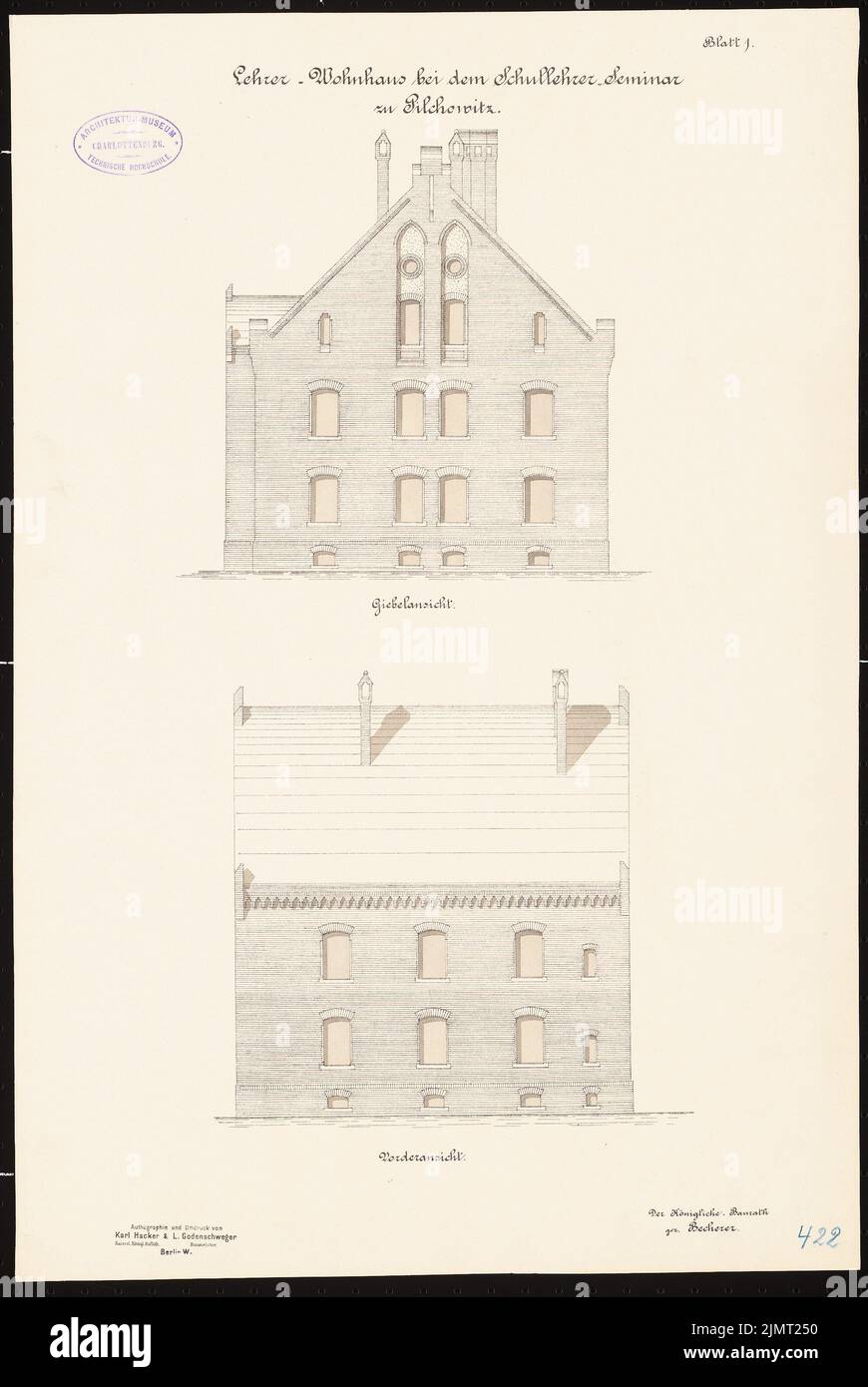 Unbekannter Architekt, Lehrerseminar in Pilchowitz (ca. 1890/1891): Wohnhaus: Obere Vorderansicht und Giebelansicht 1: 100. Lithographie auf Karton, 53,5 x 35,8 cm (einschließlich Scankanten) N.N. : Lehrerseminar, Pilchowitz Stockfoto