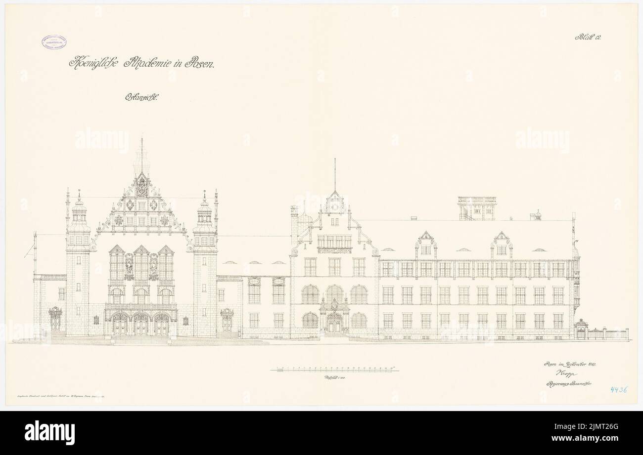 Unbekannter Architekt, Königliche Akademie in Poznan (09,1910): Osternansicht 1: 100. Lithographie auf Karton, 75,7 x 118,3 cm (inklusive Scan-Kanten) Fürstenau Eduard August Wilhelm (1862-1938): Königliche Akademie, Posen Stockfoto